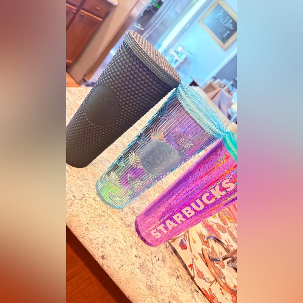 Starbucks Black, Iridescent and Pink Reusable Studded Tumblers - Trio